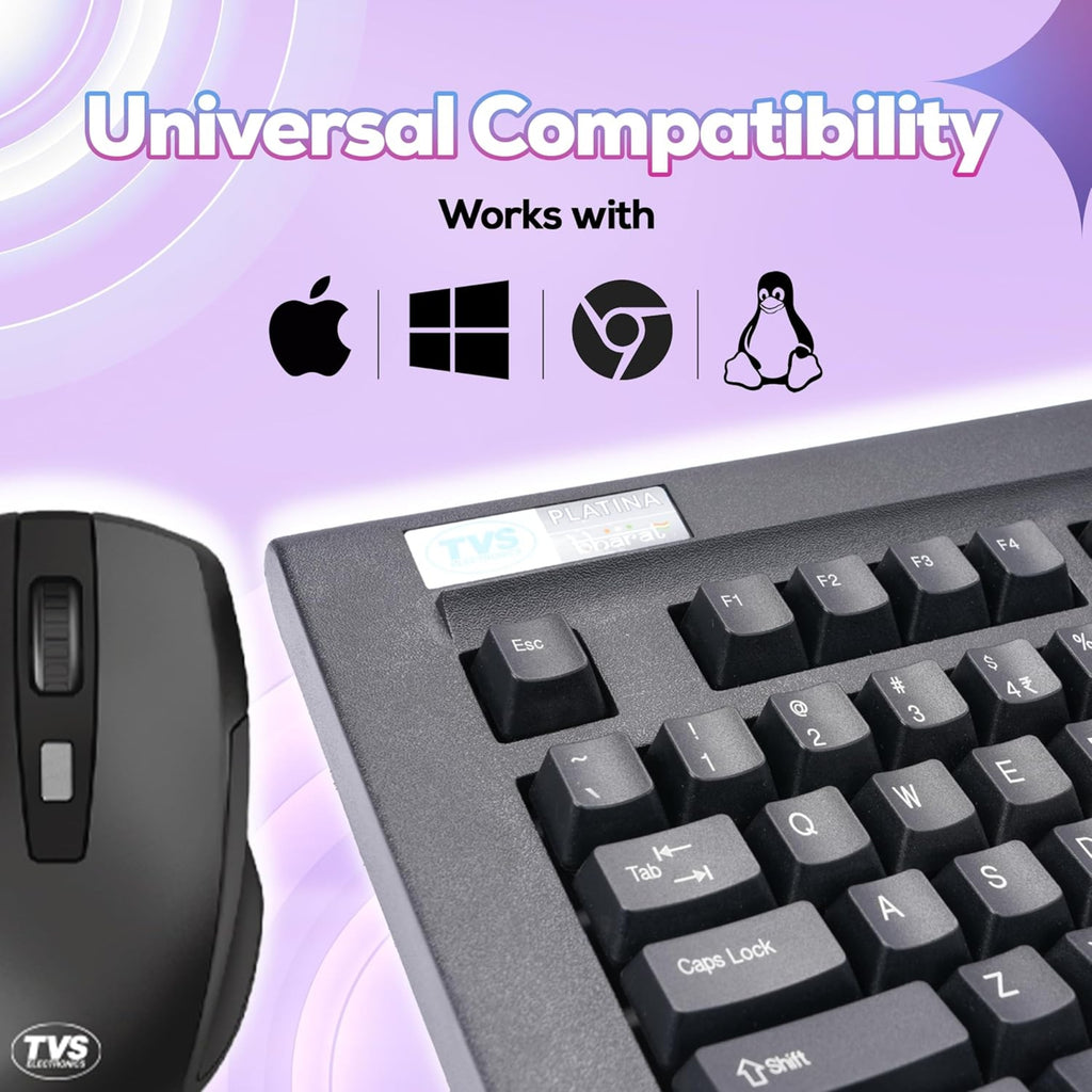 TVS Electronics Platina Wireless Mechanical Keyboard & Mouse Combo | 50 Million Keystrokes | 2.4GHz Wireless (10m Range) | Dustproof Mechanical Switches | Adjustable 1600 DPI Mouse | For Windows, Mac & Linux (Black)