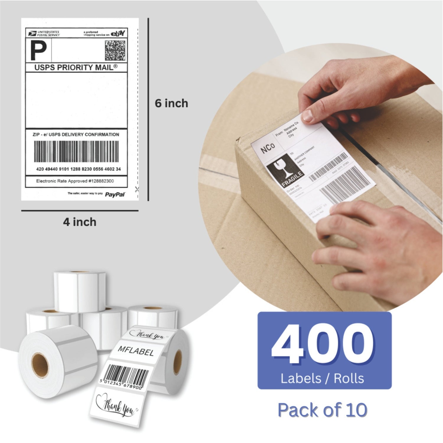100x150mm Direct Thermal Shipping Label Roll | 400 Labels Per Roll | 1 Up DT Barcode Sticker | Self Adhesive eCommerce & Logistics Labels