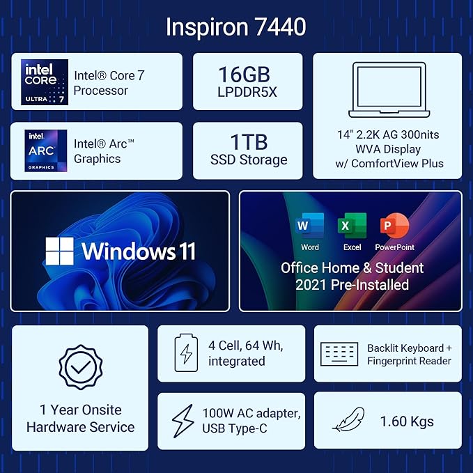 DELL INSPIRON (OIN7440220401RINU1) 7440 Ultra 7 Core Ultra 7 155H 16GB/1 TB SSD 14" 2.2K AG 300nits Laptop