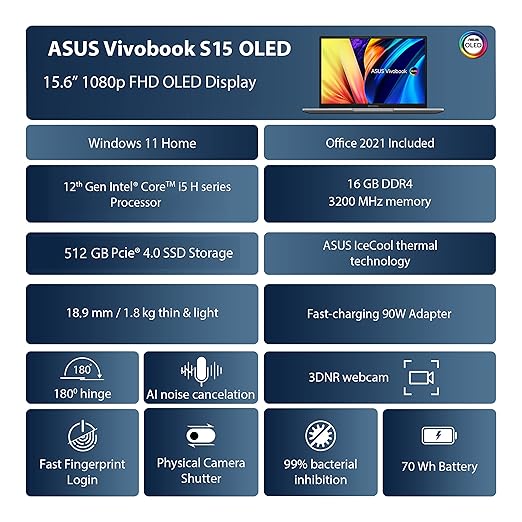Asus VivoBook S15 OLED K3502ZA-L503WS Intel Evo Core i5-12500H  Full HD Laptop