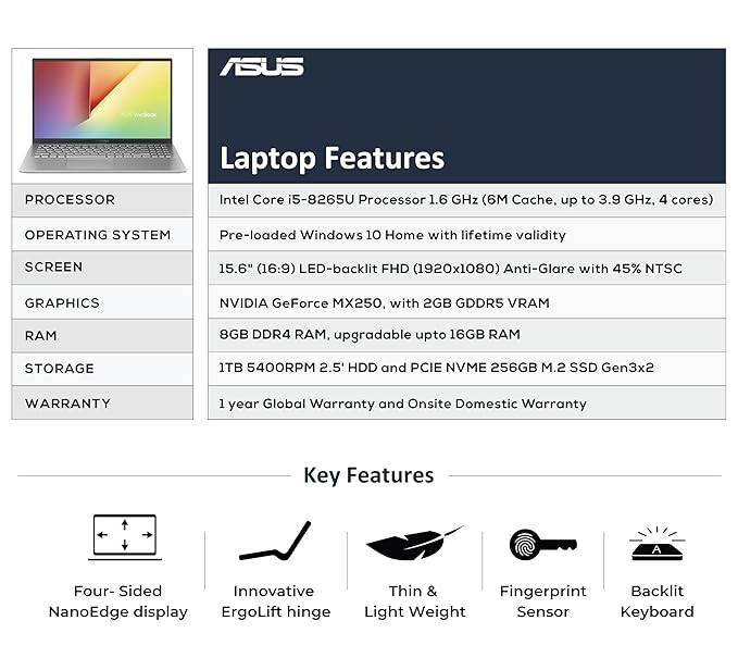 ASUS VivoBook 15 Intel Core i5 8th Gen 8250U  X543UA-DM581T Laptop