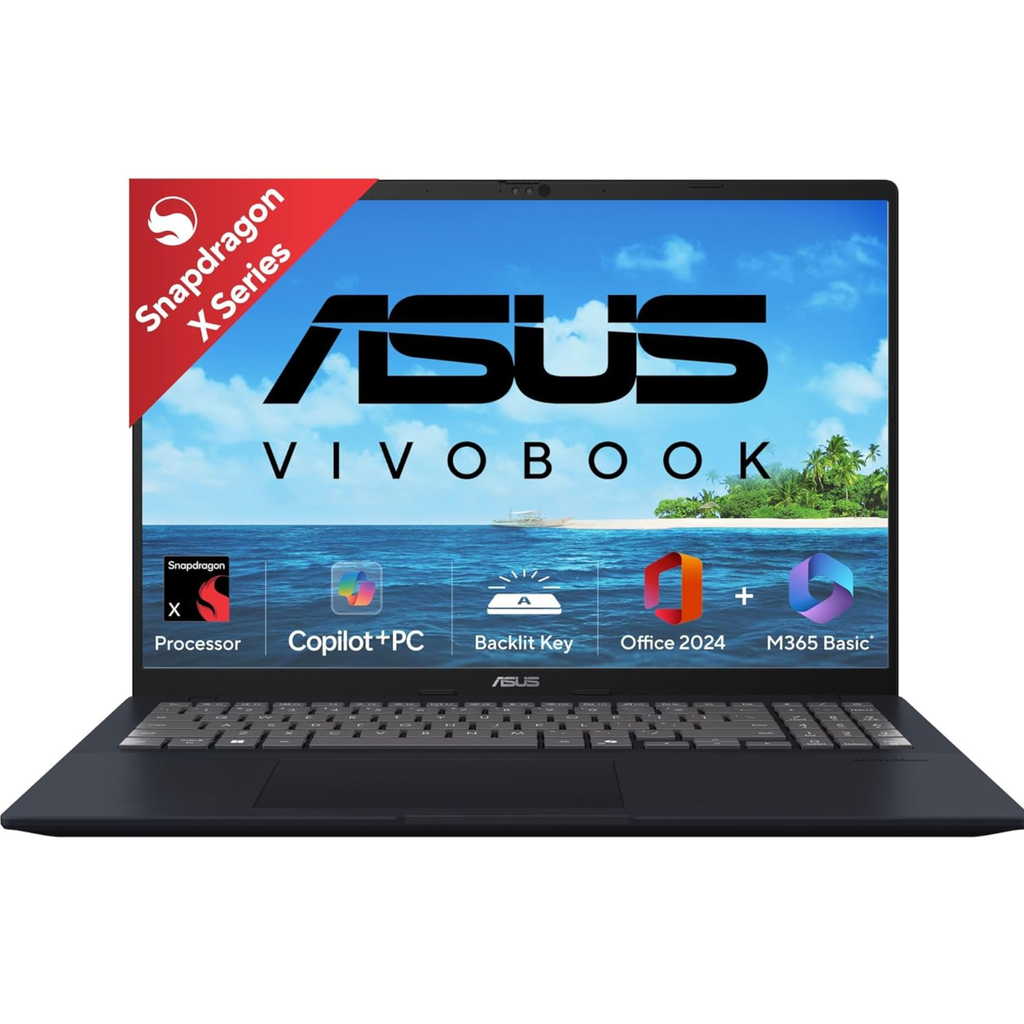 ASUS Vivobook 16 Copilot+ AI Laptop 16.0" FHD+ - Snapdragon X Series, Qualcomm Adreno iGPU (45 TOPS), 16GB RAM, 512GB SSD, Backlit Keyboard, Windows 11 Home, Office Home 2024 & Microsoft 365 Basic (Quiet Blue, 1.88kg, X1607QA-MB049WS)