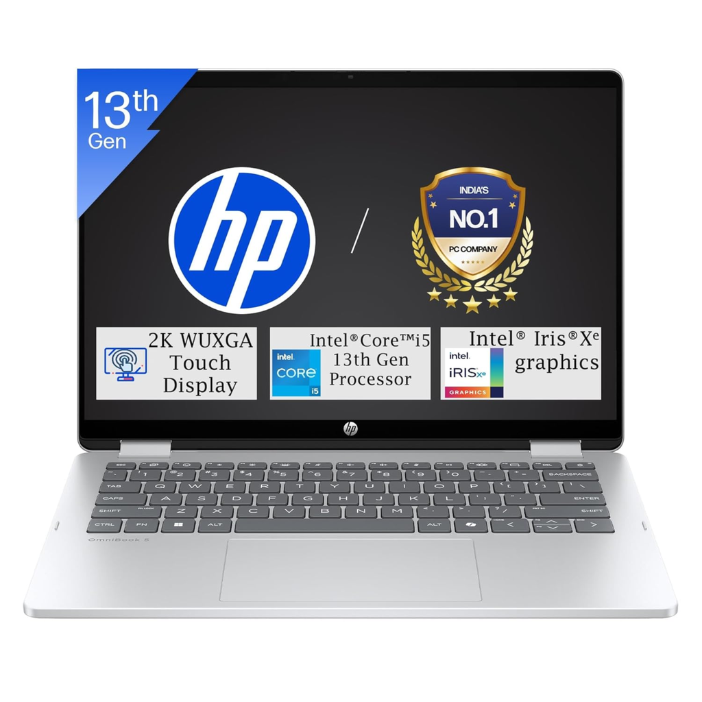 HP OmniBook 5 Flip (fp0789TU) 14" 2K WUXGA Touchscreen - 13th Gen Intel Core i5-1334U, Intel Iris Xe Graphics, 16GB LPDDR5 RAM, 512GB SSD, 5MP Camera, Windows 11, MS Office Home 2024 (Silver, 1.65kg)