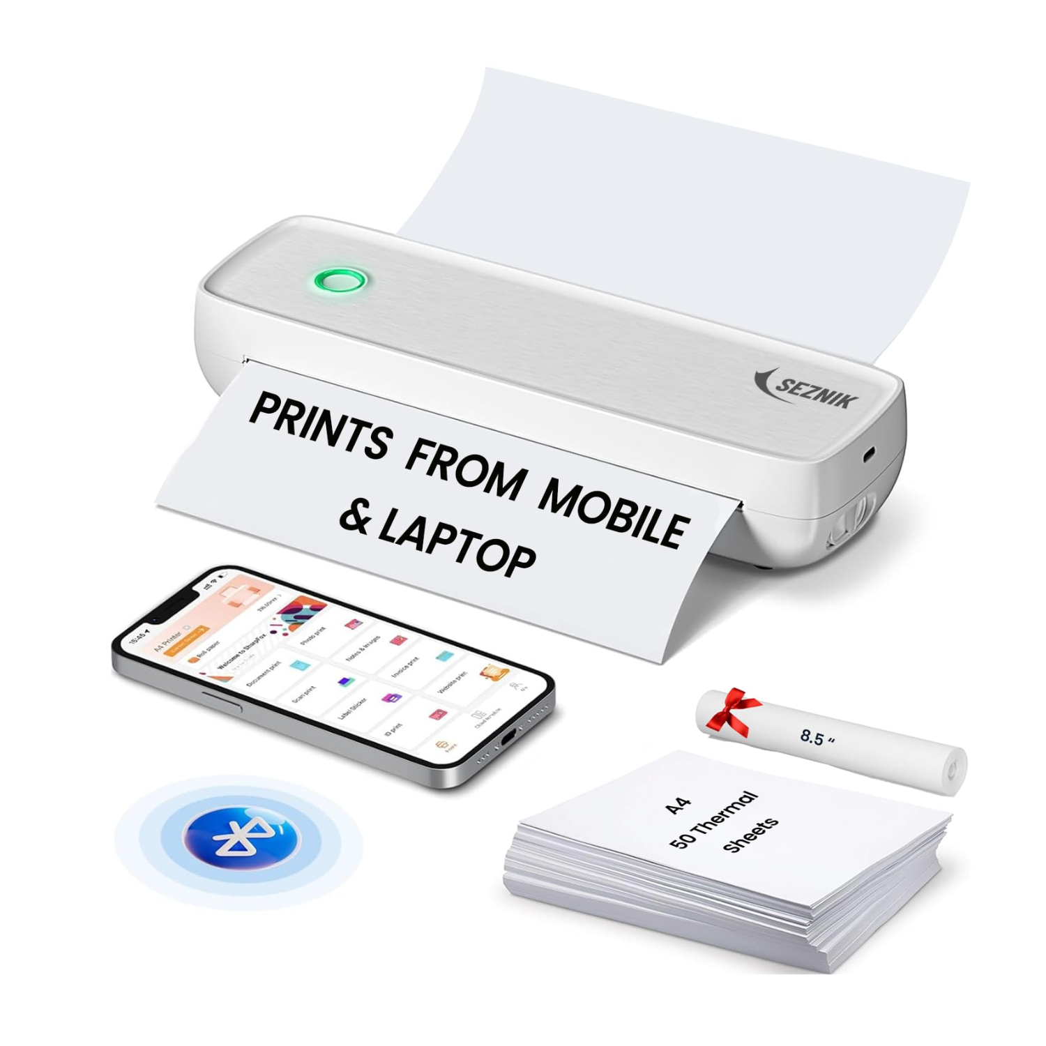 SEZNIK Portable Inkless A4 Thermal Printer (304 DPI ProHD Resolution / USB & Bluetooth Connectivity / Android & iOS Mobile Printing / 1 Year Warranty / Model ProHD-304dpi-White / White)