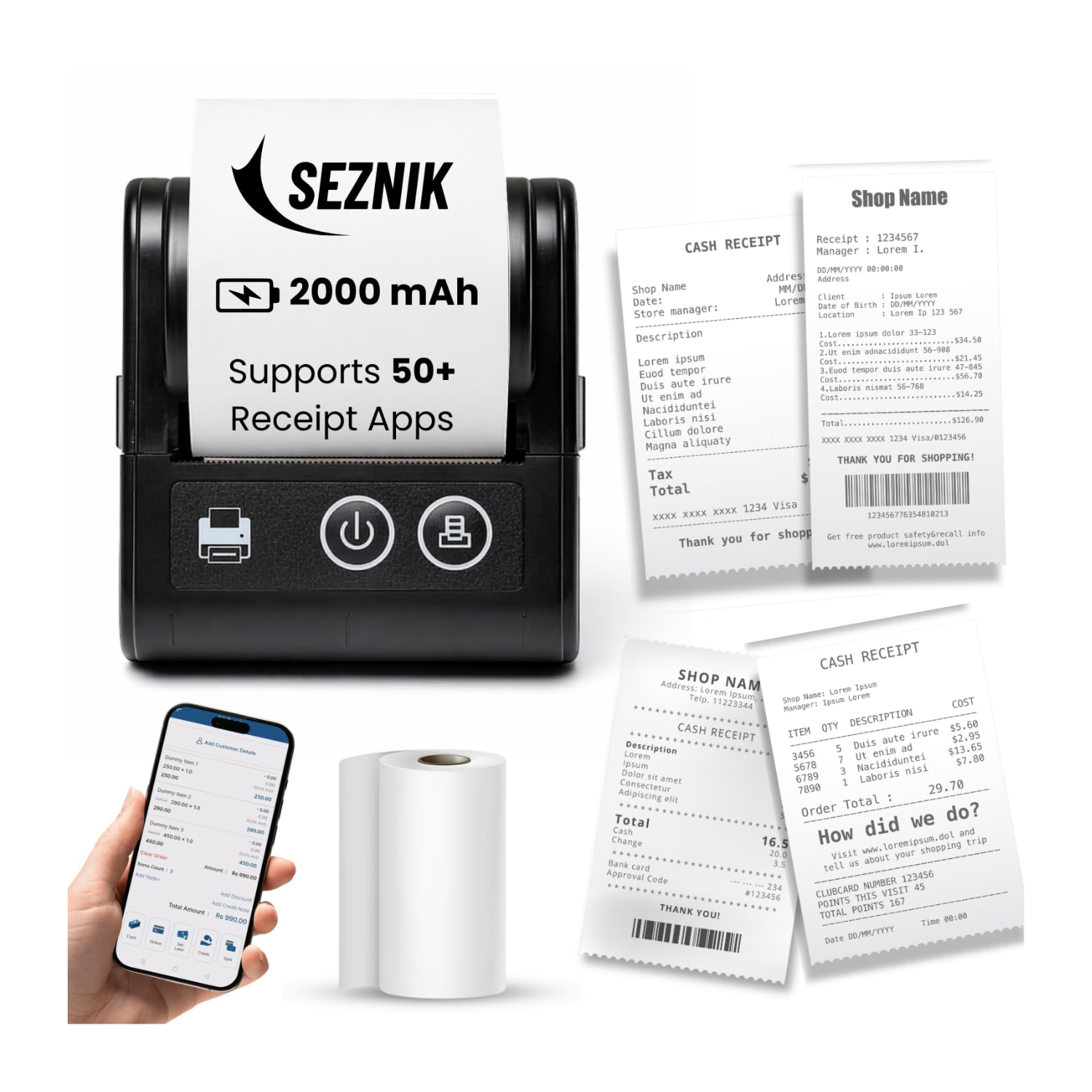 SEZNIK Veer 58mm (2 Inch) Portable Thermal Receipt Printer (Bluetooth + USB / 2000mAh Battery / ESC/POS / Android, iOS & Windows Compatible / 1 Year Warranty)