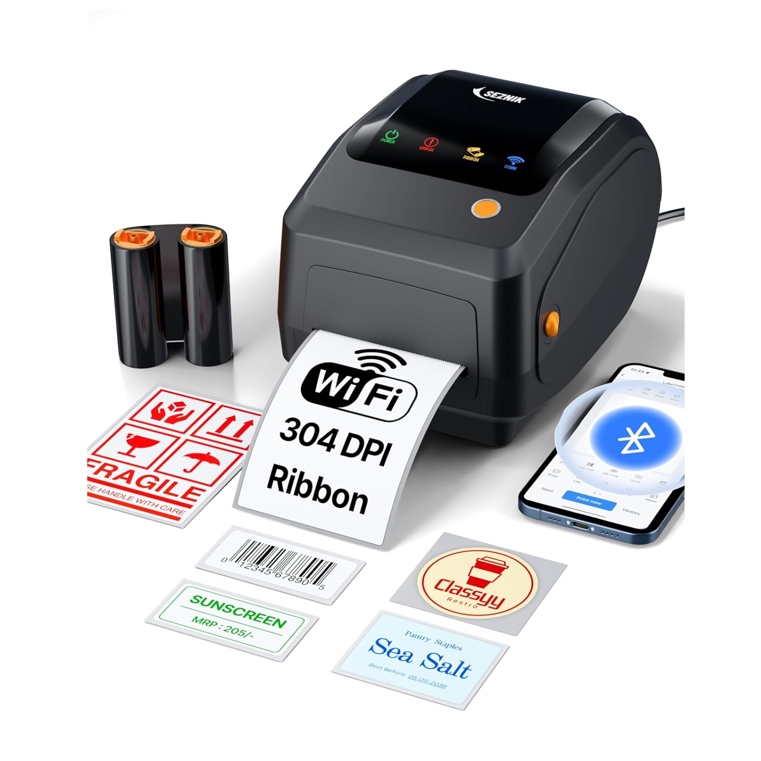 SEZNIK Rudra Thermal Label Printer (Direct Thermal + Thermal Transfer / 304 DPI HD Print / USB, Bluetooth, WiFi / Shipping, Jewellery & Barcode Labels / 1 Year Warranty)