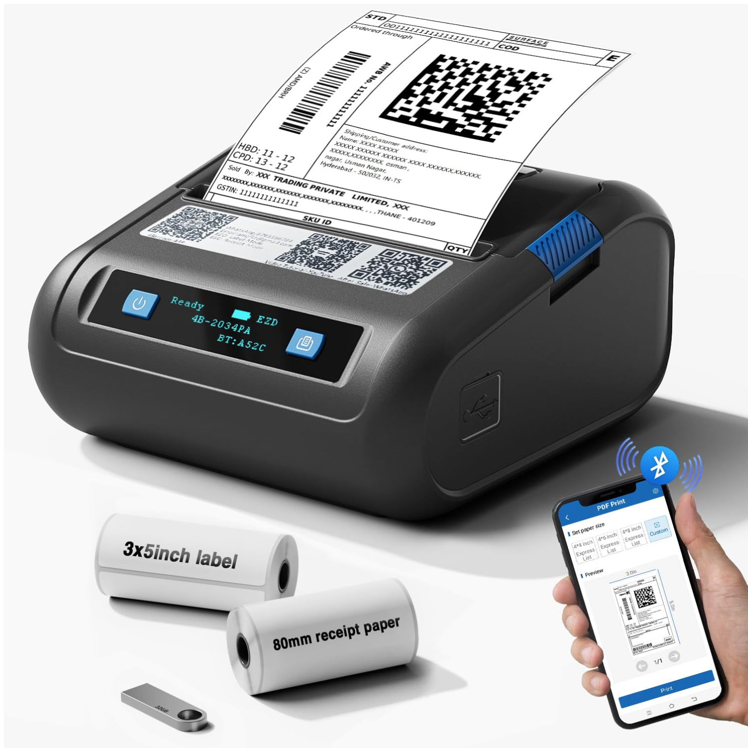 HIROBOT 3-Inch Bluetooth Thermal Label & Receipt Printer (2-in-1 Dual Function / 80mm Receipt & 3-Inch Label Printer / Battery Wireless / Adjustable Media Size / Android, iPhone, Windows, Mac Support)